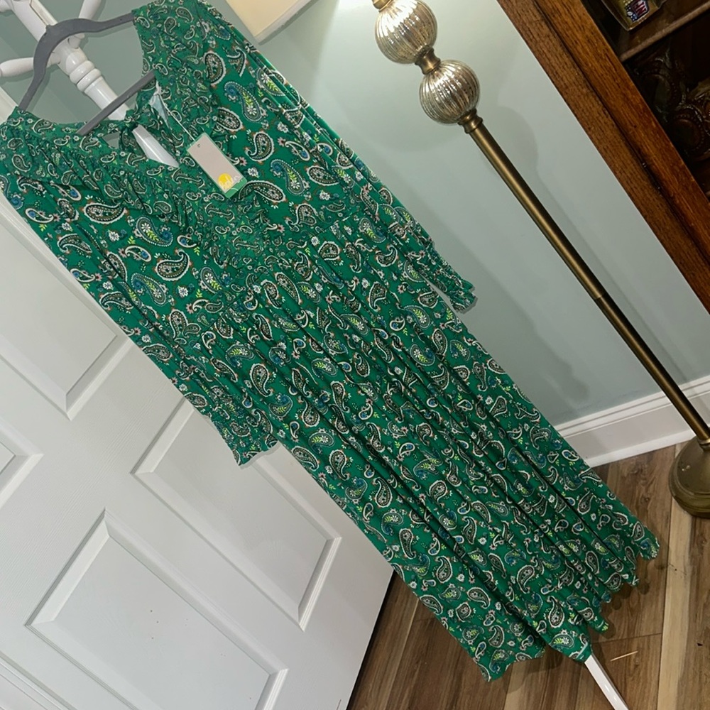 BODEN 14 large XL Gorgeous Green Paisley MAXI Dress Longsleeve - Picture 5 of 16